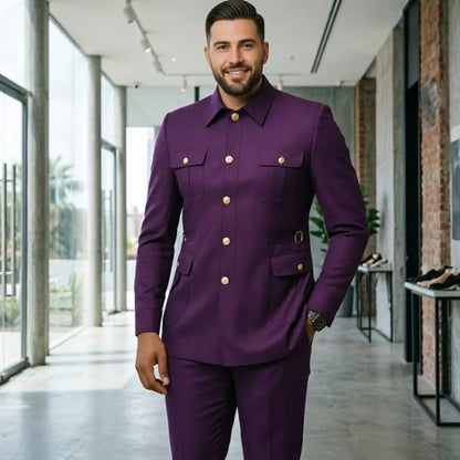 Ternos masculinos pretos, estilo clássico britânico, com botões roxos e dourados, terno safari sob medida, blazer formal para negócios, banquetes, bailes e eventos.