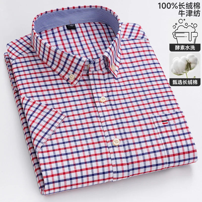 100% algodão puro oxford camisas masculinas manga curta xadrez macio regular ajuste formal vestido camisa blusa social roupas masculinas 6xl 7xl