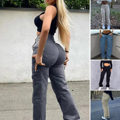 Calças femininas elegantes com botão e zíper, calças cargo de cintura alta com vários bolsos, tecido macio, levantamento de bumbum para mulheres