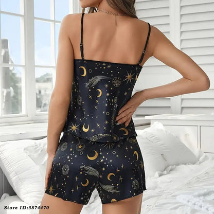 Sexy suspender conjunto de pijama cinta cami & shorts lingerie feminina céu estrelado impresso roupa interior homewear verão cetim pijamas