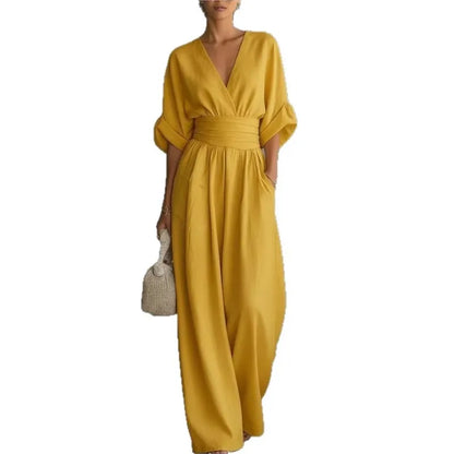 Waist V-neck Jumpsuit 2026 Spring And Summer New Style Fashionable And Elegant Women's Solid Color Mid-sleeve Wide-leg Jumpsuit
