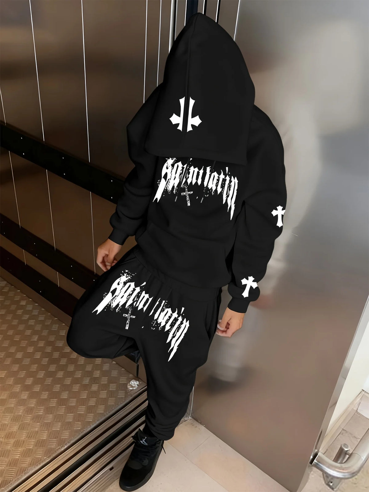 Conjunto de 2 Peças para Homens: Moletom com Capuz e Estampa de Letras, Calças Jogger com Cordão e Bolso, Roupas Casuais para Esportes ao Ar Livre