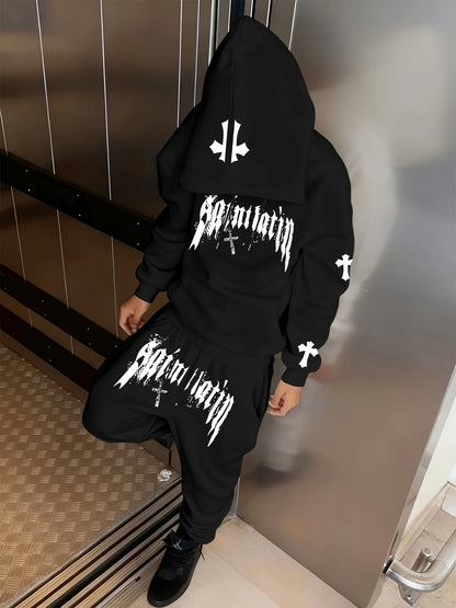 Conjunto de 2 Peças para Homens: Moletom com Capuz e Estampa de Letras, Calças Jogger com Cordão e Bolso, Roupas Casuais para Esportes ao Ar Livre