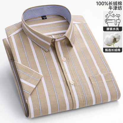 100% algodão puro oxford camisas masculinas manga curta xadrez macio regular ajuste formal vestido camisa blusa social roupas masculinas 6xl 7xl