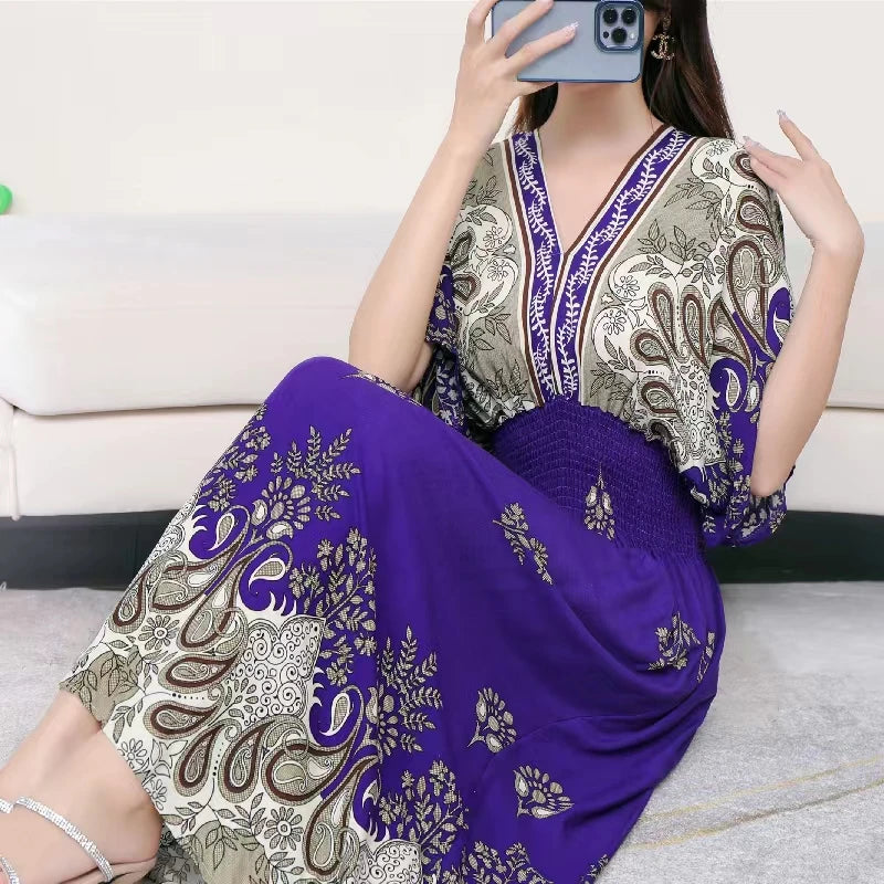Flor colorida com decote em v elástico jovem boêmio doce midi vestido mulher roupas chique moda vestidos de verão 2025 grande balanço esqui