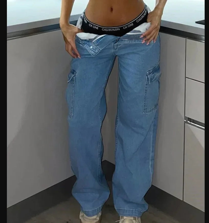 Mulheres cintura alta alta elástica sólida jeans 2023 novo outono jeans feminino workwear com bolso denim calças de perna reta calças de carga