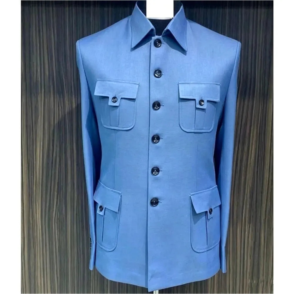 Ternos Masculinos Azuis de Peito Único com Quatro Bolsos para Negócios, Casamento, Noivo, Roupa Formal e Casual Masculina, Conjunto de 2 Peças: Jaqueta e Calça
