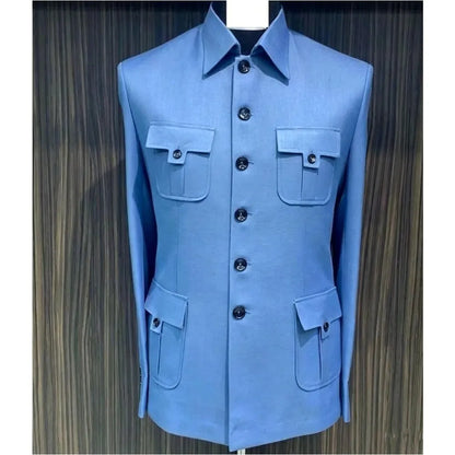 Ternos Masculinos Azuis de Peito Único com Quatro Bolsos para Negócios, Casamento, Noivo, Roupa Formal e Casual Masculina, Conjunto de 2 Peças: Jaqueta e Calça