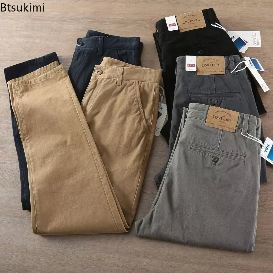 Novo 2026men primavera e outono retro conforto calças retas calças lavadas macacão 100% algodão moda solta calças casuais masculino