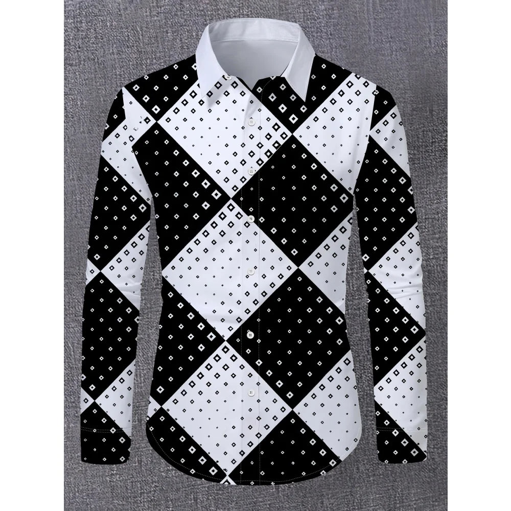 Camisas masculinas retrô com estampa geométrica 3D, manga comprida, elegantes, pretas e brancas, com blocos de cores, slim fit, casual, versátil.
