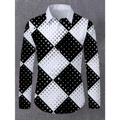 Camisas masculinas retrô com estampa geométrica 3D, manga comprida, elegantes, pretas e brancas, com blocos de cores, slim fit, casual, versátil.