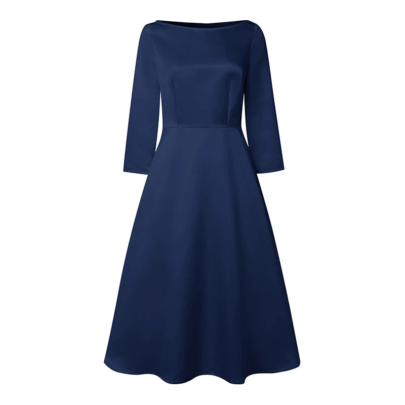 Vestidos Midi Elegantes de Cetim Preto ZANZEA para Mulheres, Decote Canoa, Manga 3/4, Vestido A-Line para Convidadas de Casamento