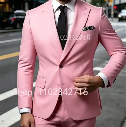 Terno Masculino Rosa de 2 Peças para Casamento, Abotoamento Simples, Comprimento Regular, Lapela Pontiaguda, Feito Sob Medida, Conjunto Completo de Blazer e Calça