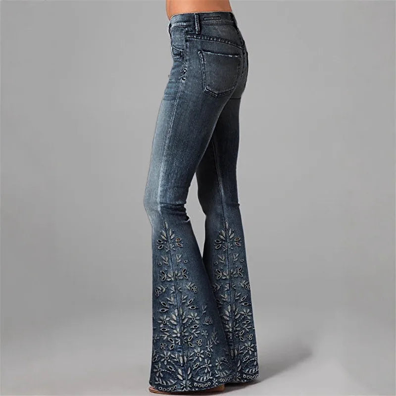 Novas Calças Jeans Flare Femininas com Estampa Digital 3D, Cintura Alta, Ajuste Slim, Denim Elástico, Estilo Casual e Moderno para Uso Diário