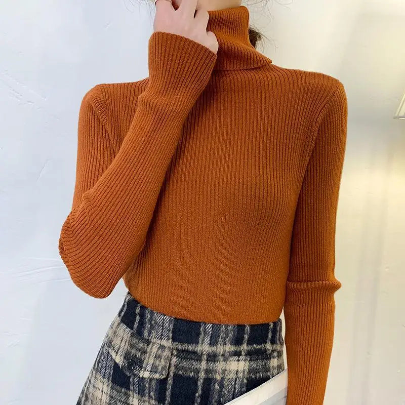 Suéter de Tricô Feminino Plus Size de Gola Alta e Manga Longa, Camiseta de Base para Outono Inverno, Novo Estilo, Confortável, Macio, Cor Pura