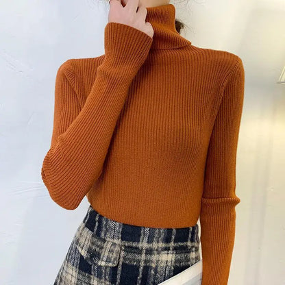 Suéter de Tricô Feminino Plus Size de Gola Alta e Manga Longa, Camiseta de Base para Outono Inverno, Novo Estilo, Confortável, Macio, Cor Pura