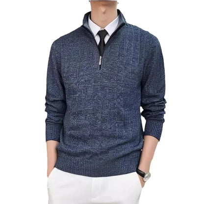 Suéter Masculino Casual de Tricô com Meio Zíper e Gola, Pulôver de Inverno com Listras Verticais, Camisa Base Confortável de Tecido Macio