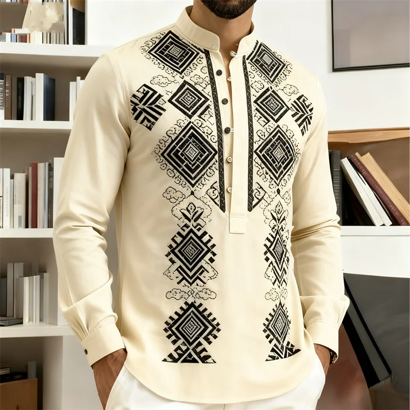 Nova Camisa Masculina de Manga Longa Estilo Étnico Retrô com Estampa 3D de Totem Tribal, Camisa Casual com Botões