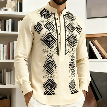 Nova Camisa Masculina de Manga Longa Estilo Étnico Retrô com Estampa 3D de Totem Tribal, Camisa Casual com Botões