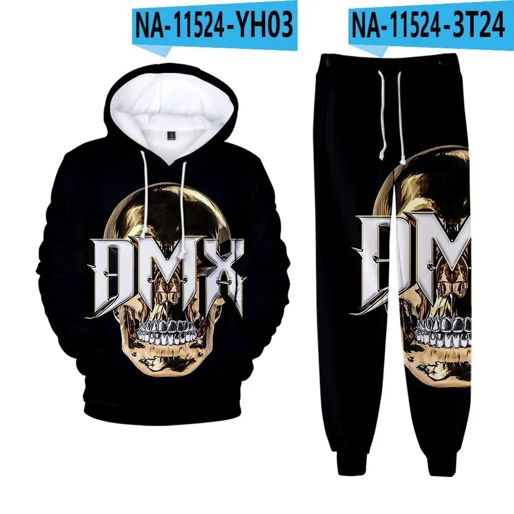 Hip hop rapper dmx impressão 3d conjuntos de treino masculino moda terno esportivo moletom com capuz + moletom roupas masculinas 2 peças conjunto