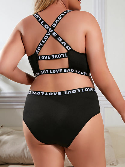 Conjunto de lingerie esportiva feminina plus size com sutiã sexy com detalhes de letras e costas cruzadas, conjunto de duas peças, roupa íntima confortável.