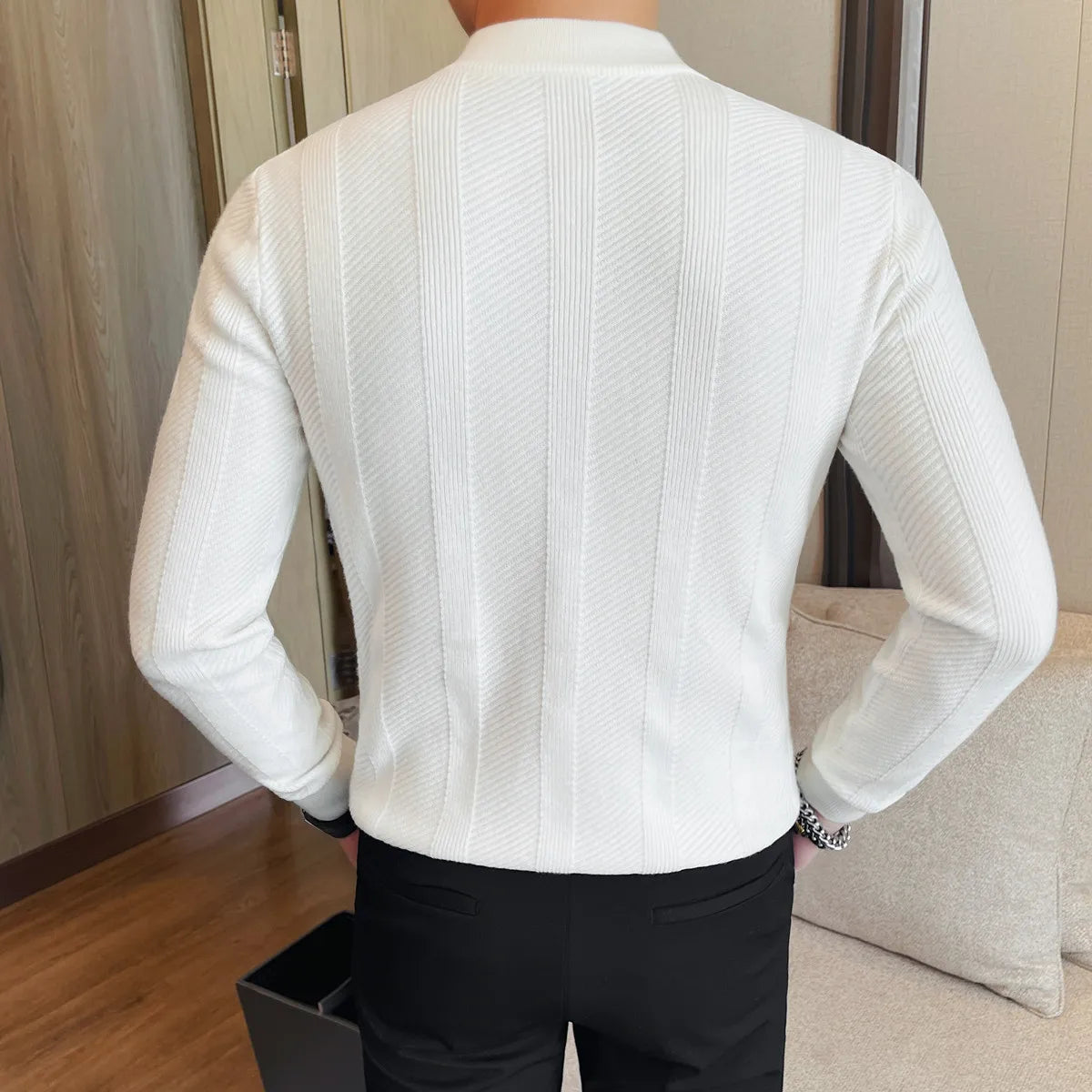 Camisola masculina outono inverno novo fino ajuste gola com zíper cardigan de malha moda cor sólida quente estiramento malha topos casacos