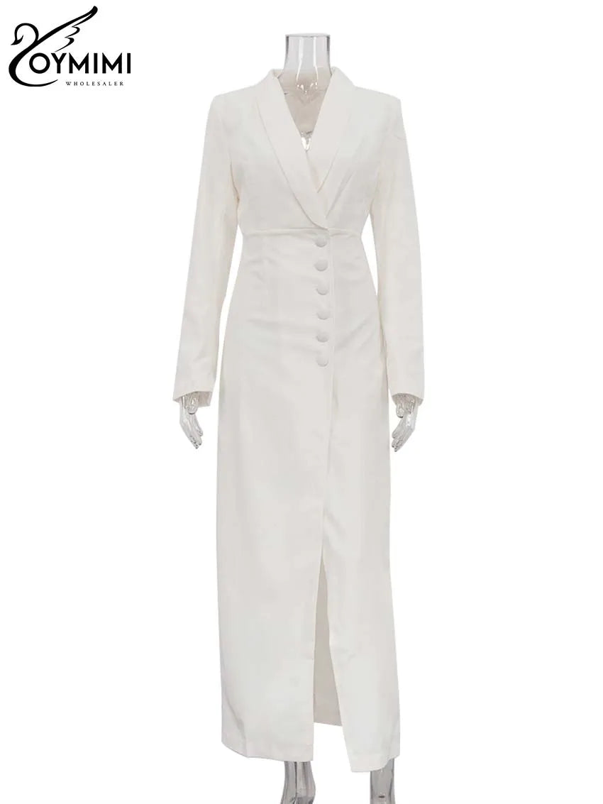 Vestido feminino elegante branco com lapela da Oymimi, manga comprida, abotoamento simples, modelagem reta e corte reto, perfeito para o outono.