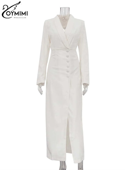 Vestido feminino elegante branco com lapela da Oymimi, manga comprida, abotoamento simples, modelagem reta e corte reto, perfeito para o outono.