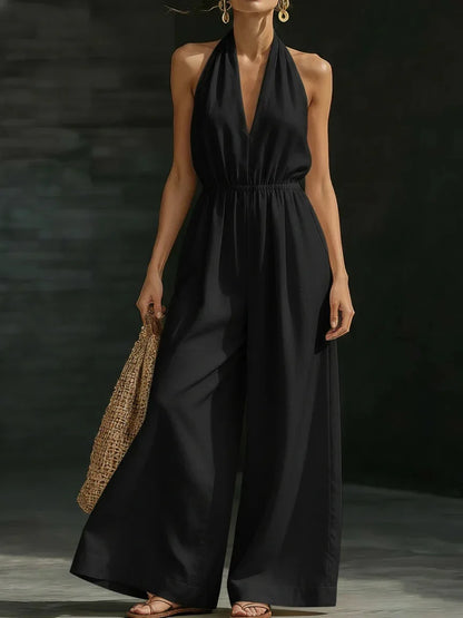 Macacão Feminino Halter Neck: Novo Macacão Casual Solto de Verão Francês com Decote V Sexy e Cor Sólida
