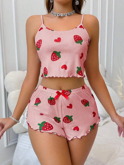 Conjunto de Pijama Feminino 2 Peças com Estampa de Morango de Verão, Roupa de Dormir Casual, Top Cropped com Alças e Shorts, Confortável para Usar em Casa