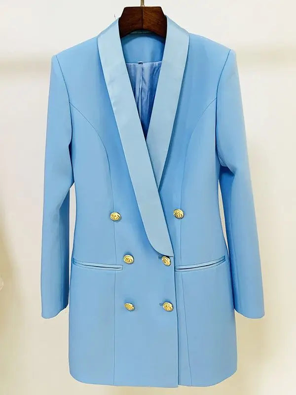 Blazer feminino de alta qualidade, modelo 2026, com botões de leão, abotoamento duplo, gola xale em cetim e modelagem longa.