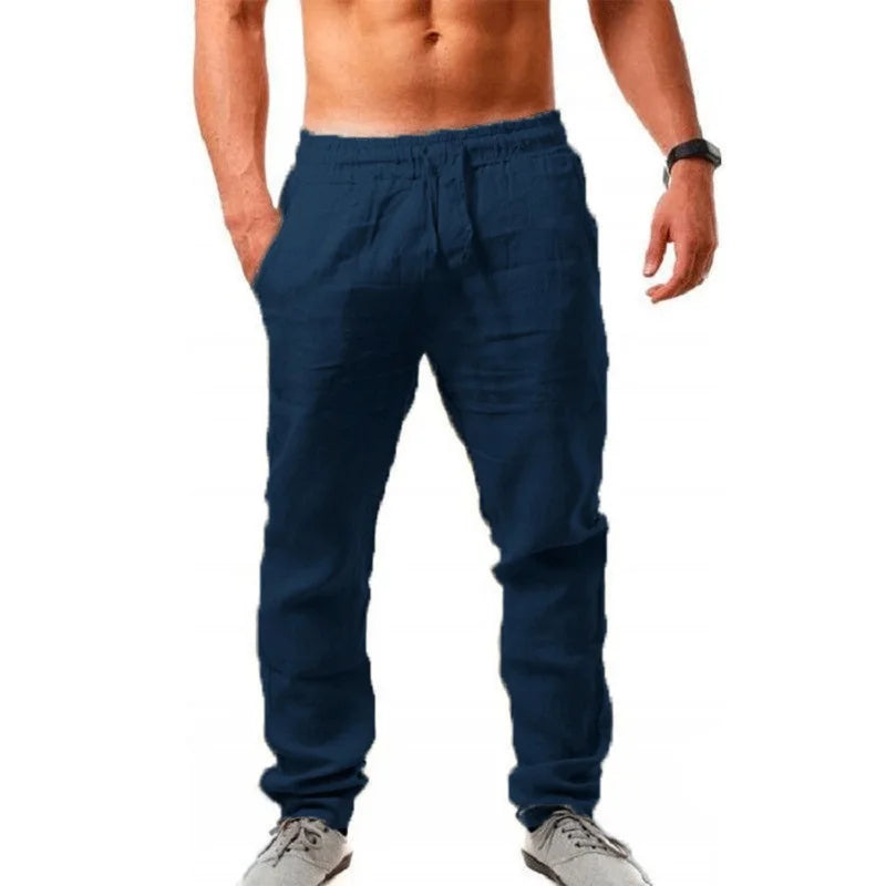 Calças masculinas coreanas de algodão para o verão, novas, respiráveis, de cor sólida, confortáveis, para fitness, ioga, corrida e estilo streetwear.