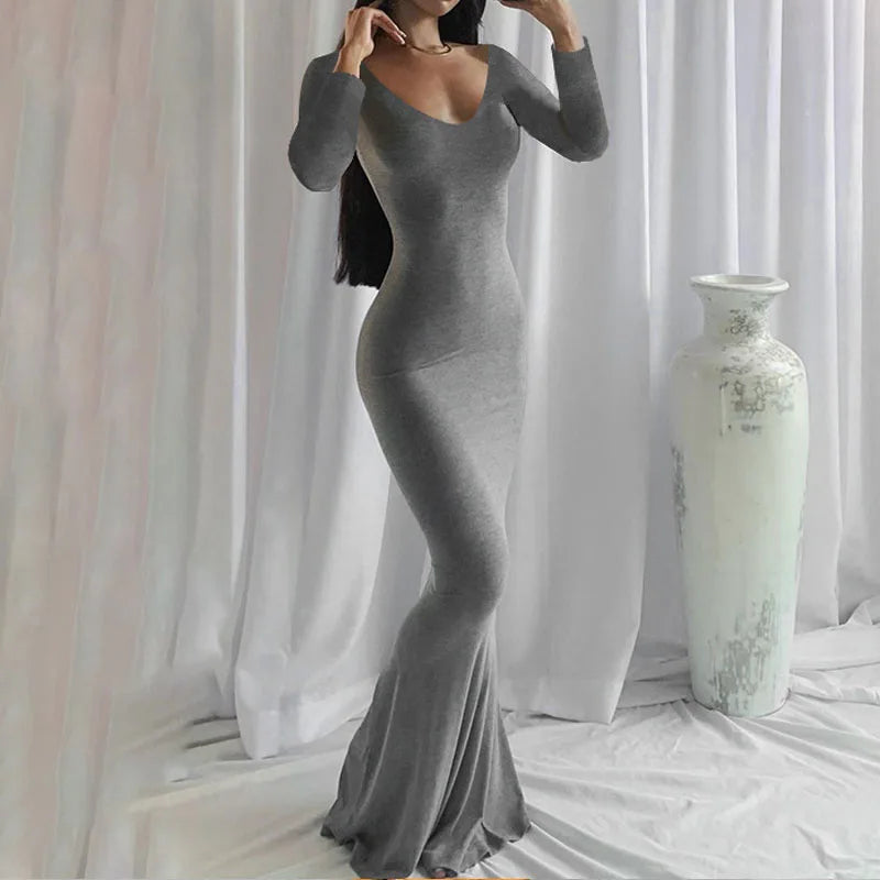 Novo vestido feminino longo, casual, justo, de manga comprida, para usar em casa