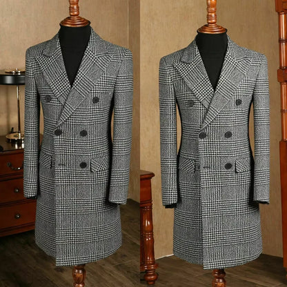 Outono inverno houndstooth casaco longo masculino duplo breasted jaqueta clássica para casamento formal blazers noivo negócios smoking