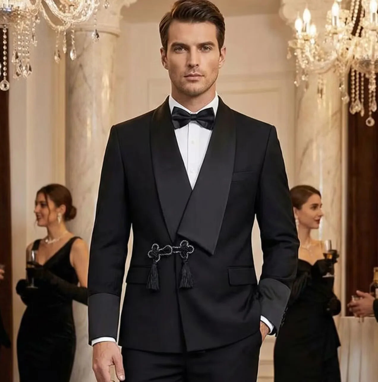 Terno Slim Fit Moderno Masculino com Gola Xale e Borlas, Conjunto de Casamento de Alta Qualidade para Noivos, Jaqueta e Calça de Duas Peças