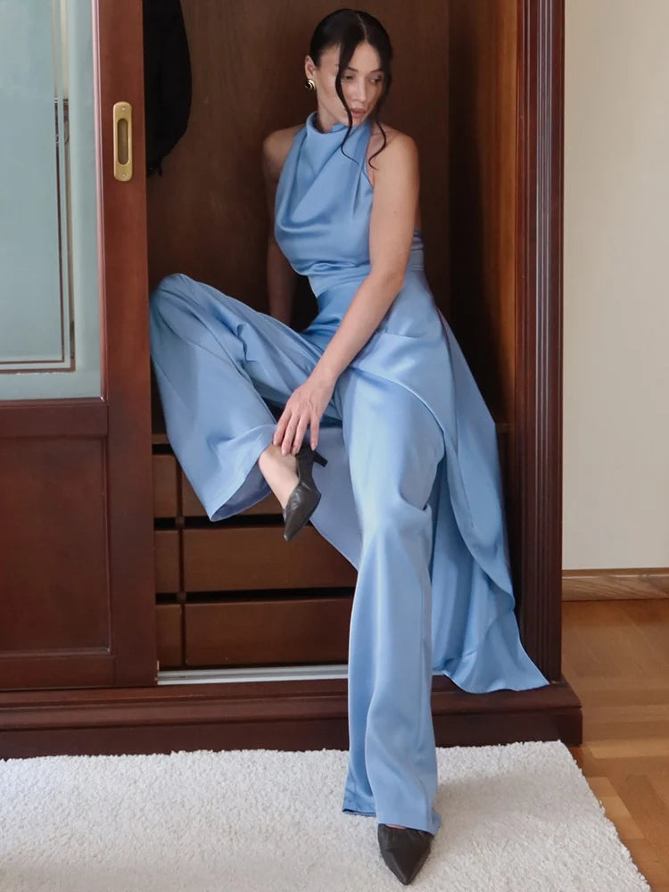 Conjunto Feminino Elegante de Cetim com Top Longo Halter e Calça Reta, Sem Mangas, Decote nas Costas, Estilo Swing, Moda 2026