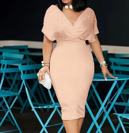 Vestido Elegante de Primavera e Outono com Estilo Hot Diamond, Sem Alças, Decote em V e Manga Curta para Mulheres, Vestidos de Mulheres, Robes Longues