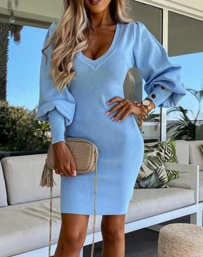 Cpsymym vestidos femininos outono puff gigot manga abotoada casual cor sólida manga longa com decote em v malha bodycon midi vestido