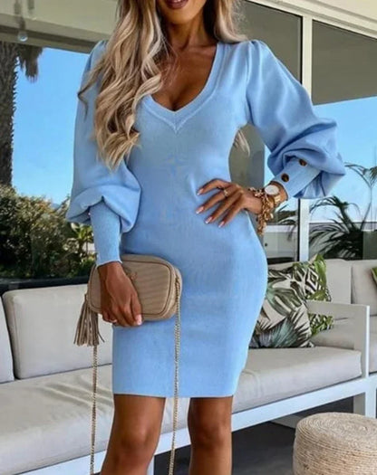 Cpsymym vestidos femininos outono puff gigot manga abotoada casual cor sólida manga longa com decote em v malha bodycon midi vestido