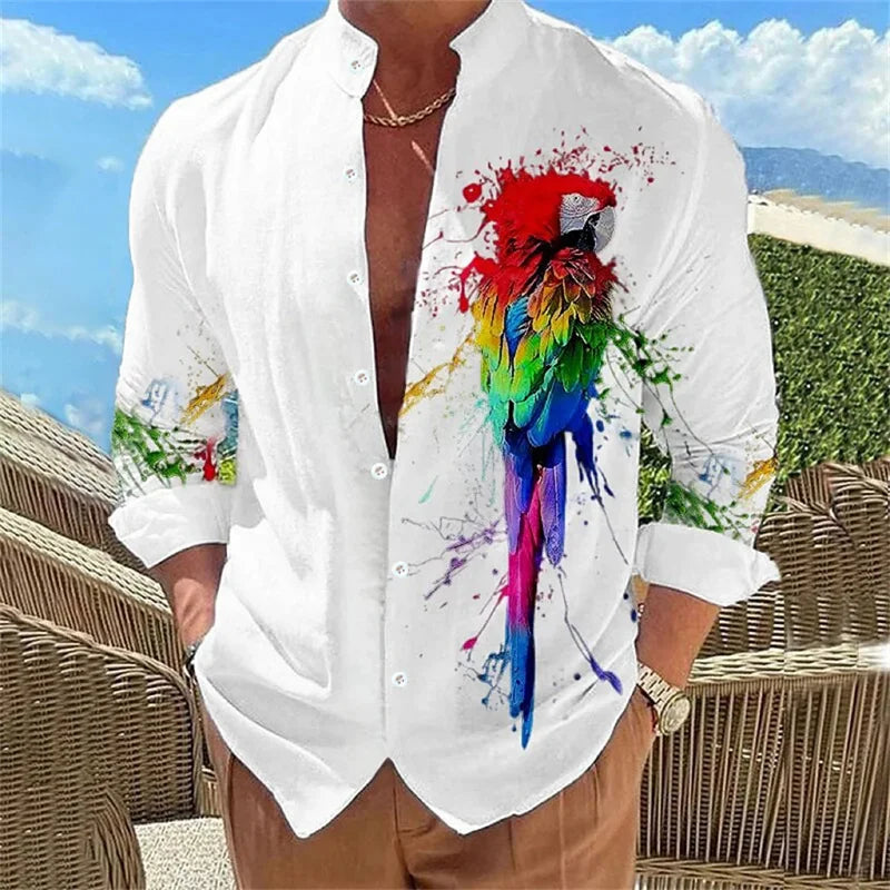 Camisa masculina de manga comprida Camisa impressa em 3D de alta qualidade, padrão floral, primavera e outono, tecido casual e elegante e confortável
