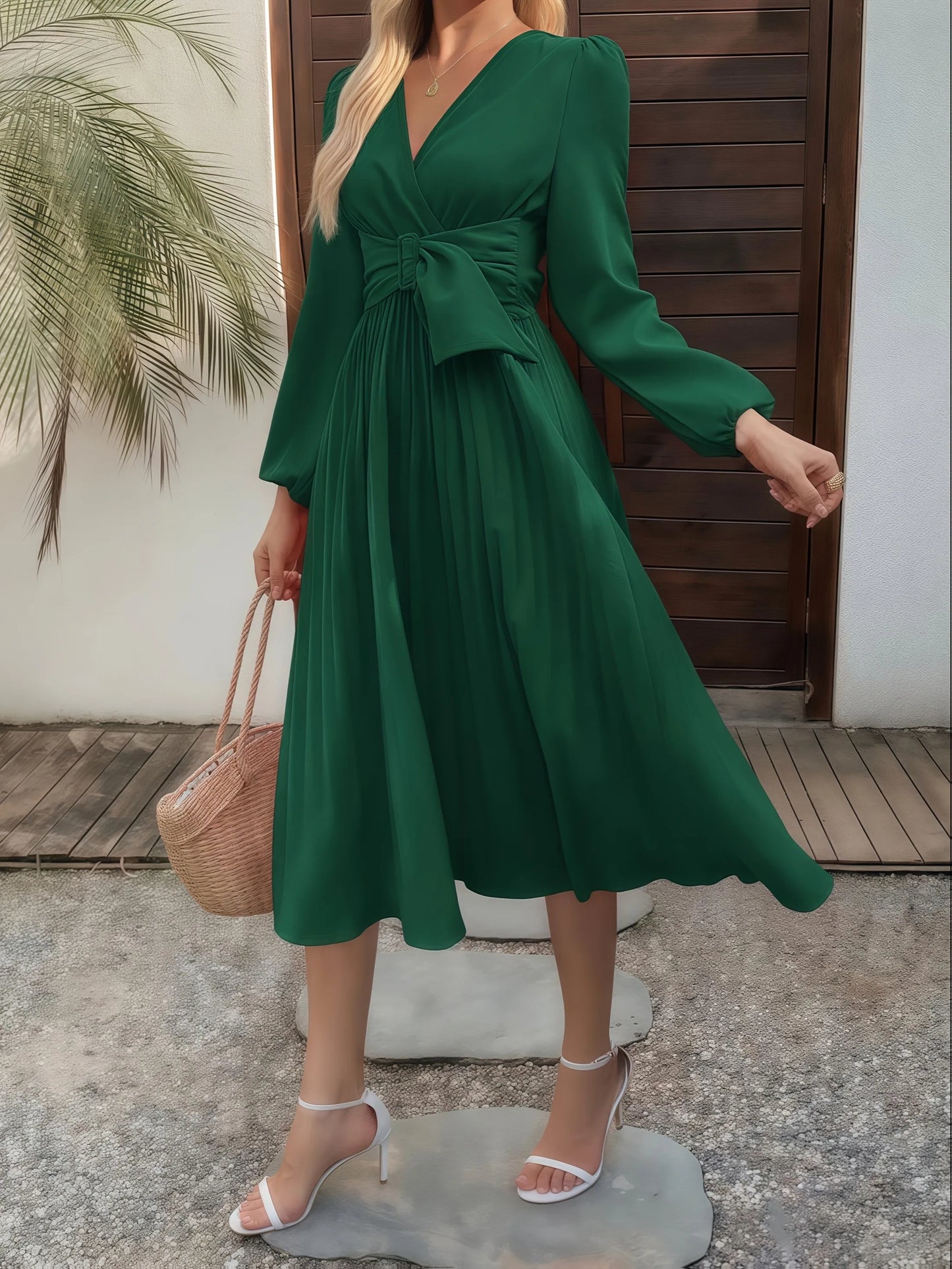 Vestido Elegante Feminino Verde de Chiffon com Manga Longa, Ajuste Slim, Plissado, Vestido de Festa com Decote em V e Cinto