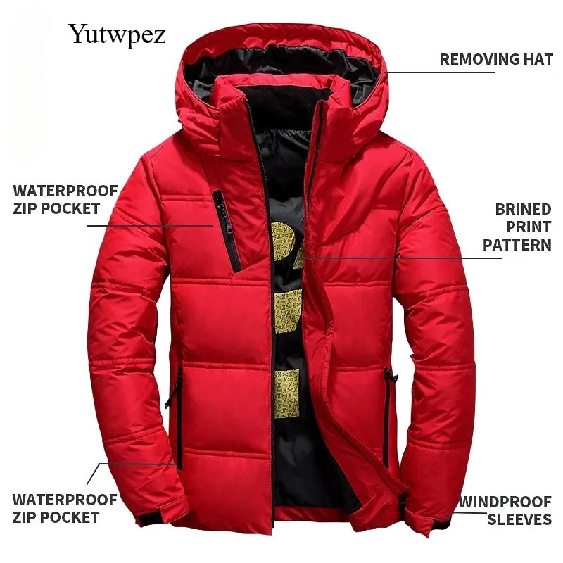 Jaqueta Masculina de Inverno com Plumas de Pato Brancas, Casaco Corta-Vento com Capuz Removível, Parka Casual de Cor Sólida para Atividades ao Ar Livre