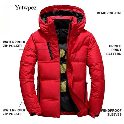 Jaqueta Masculina de Inverno com Plumas de Pato Brancas, Casaco Corta-Vento com Capuz Removível, Parka Casual de Cor Sólida para Atividades ao Ar Livre