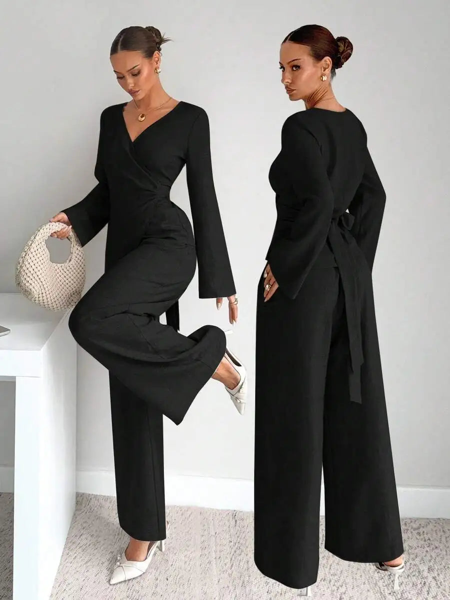 Conjunto de blazer elegante listrado com cinto e calça pantalona de duas peças para mulheres