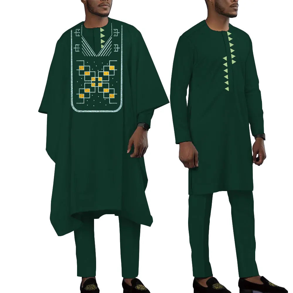 Terno bordado de manga comprida africano masculino, calças e blusões casuais empresariais Dashiki, conjunto de 3 peças, WYN1643