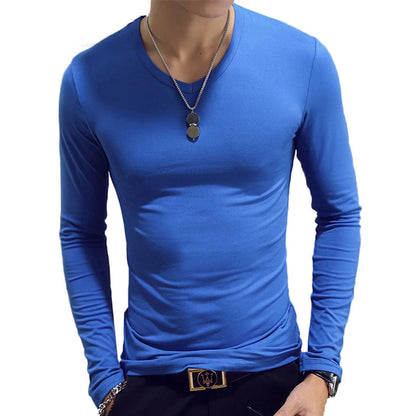 Camiseta masculina de manga comprida com estampa "Cultive a Moralidade" para a Primavera e o Outono, gola redonda, em poliéster liso, nas cores vermelho, azul e preto.