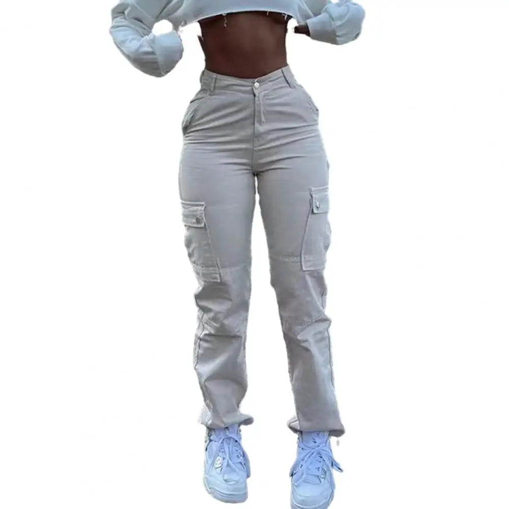 Calças femininas elegantes com botão e zíper, calças cargo de cintura alta com vários bolsos, tecido macio, levantamento de bumbum para mulheres