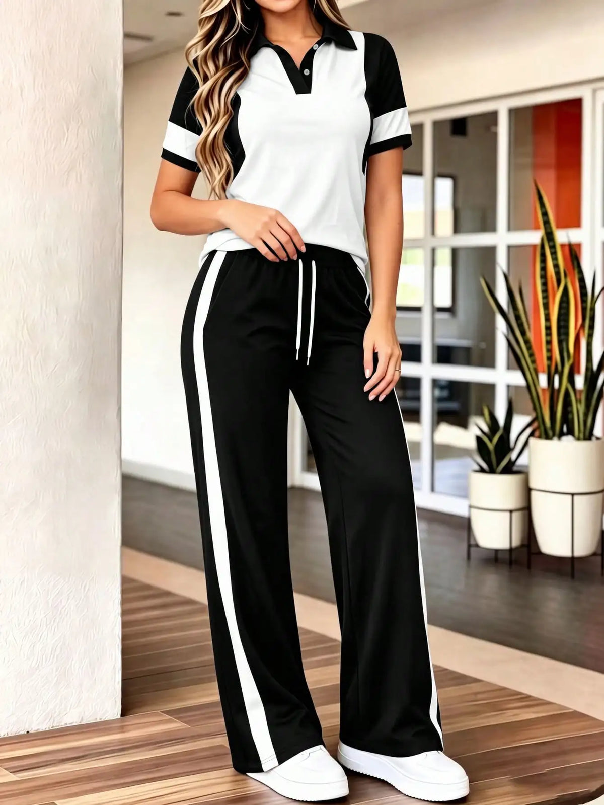 Conjunto de duas peças para mulheres, primavera e outono, composto por camiseta polo de manga curta com blocos de cor e calças compridas soltas com cintura elástica, para uso casual diário. Conjunto feminino de duas peça