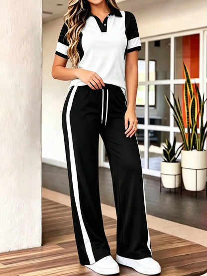 Conjunto de duas peças para mulheres, primavera e outono, composto por camiseta polo de manga curta com blocos de cor e calças compridas soltas com cintura elástica, para uso casual diário. Conjunto feminino de duas peça