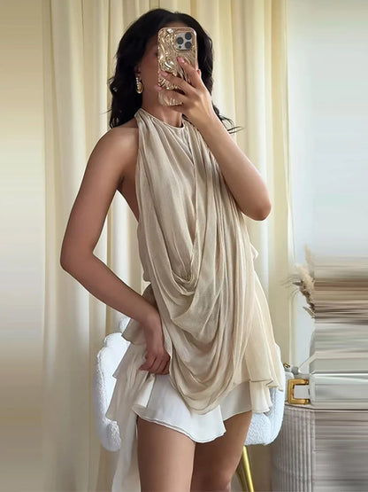 Colete Feminino Plissado Halter Solto Sem Mangas Costas Abertas Moda Feminina 2026 Verão Chique Versátil Liso